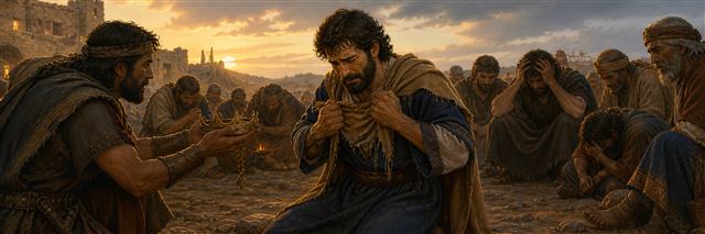 David tearing his robe in grief as a messenger presents Saul’s crown